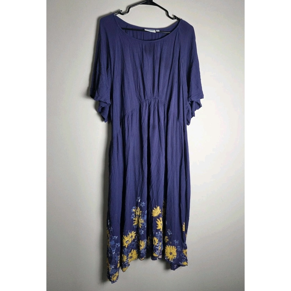 National Brand Midi Dress 3X Blue Floral Border Hem Short Sleeve Rayon Boho